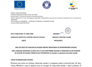 APEL DE SELECTIE PLANURI DE AFACERI PENTRU INFIINTAREA DE INTREPRINDERI SOCIALE AIPS LANSEAZA INCEPAND CU DATA DE 27 IULIE 2020 PRIMA SESIUNE A CONCURSULUI DE PLANURI DE AFACERI IN CADRUL PROIECTULUI PROGRESSIO-Un proiect in sprijinul economiei sociale