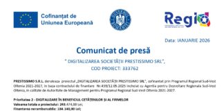 Comunicat de presă ” DIGITALIZAREA SOCIETĂȚII PRESTISSIMO SRL”, COD PROIECT: 333762