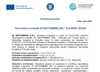 Comunicat de presă Data: Iulie 2026 ”Dezvoltarea societatii 28 SEPTEMBRIE SRL” Cod SMIS: 357640