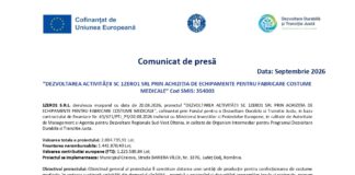 Comunicat de presă:”DEZVOLTAREA ACTIVITĂȚII SC 1ZERO1 SRL PRIN ACHIZIȚIA DE ECHIPAMENTE PENTRU FABRICARE COSTUME MEDICALE” Cod SMIS: 354003