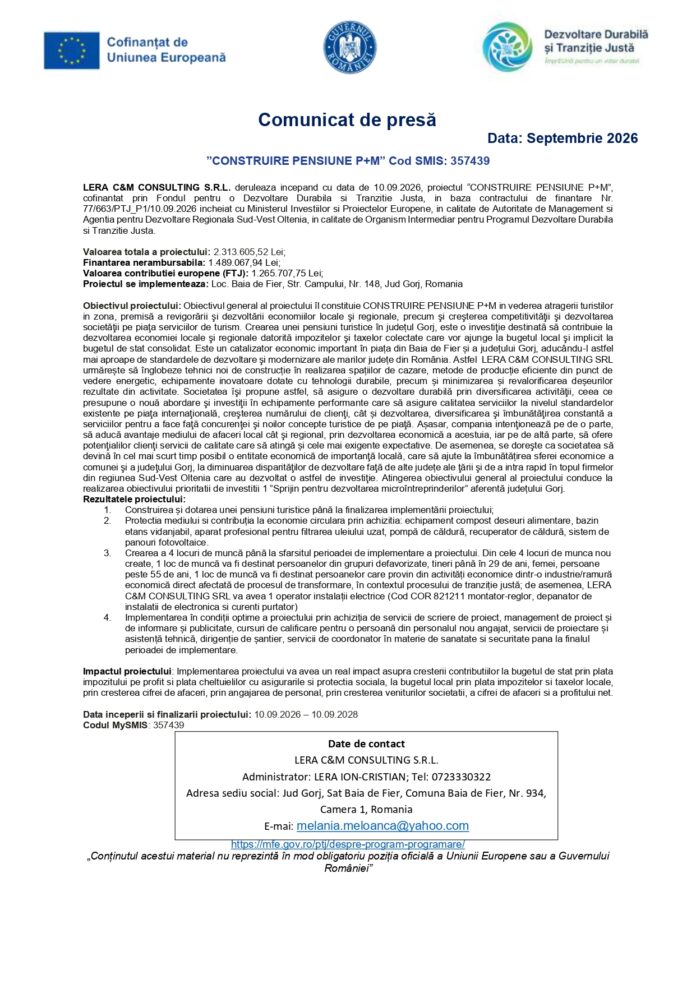 Comunicat de presa LERA C & M CONSULTING S.R.L_page-0001 ”CONSTRUIRE PENSIUNE P+M” Cod SMIS: 357439